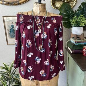 Old Navy Maroon Pink Blue Floral Off Shoulder 3/4 Sleeve Blouse Sz S Fall